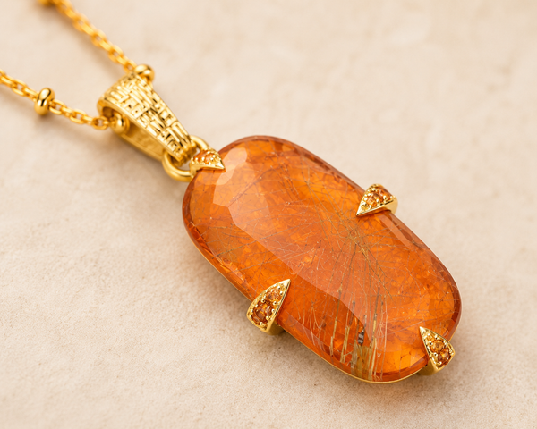 Golden Rutilated Quartz Doublet, Red Onyx, Champagne Zircon Sterling Silver Gold Plated Pendant