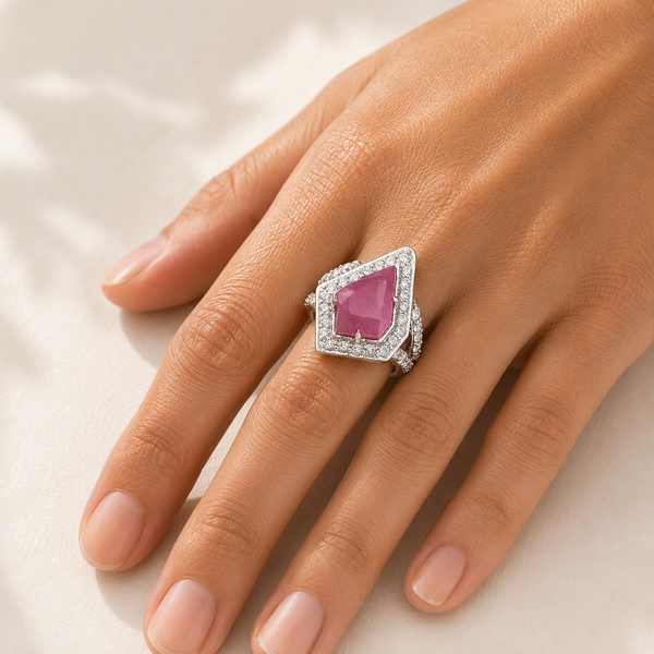 Pink Sapphire with Natural Zircon Sterling Silver Rhodium Ring