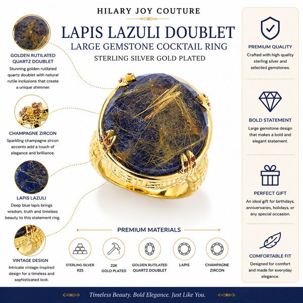 Lapis Lazuli Doublet Large Gemstone Cocktail Ring Sterling Silver Gold Plated