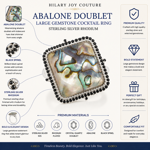 Abalone Doublet Large Gemstone Cocktail Ring Sterling Silver Rhodium