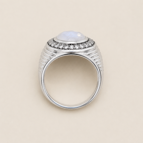 Rainbow Moonstone Statement Cocktail Ring Sterling Silver Rhodium for Women