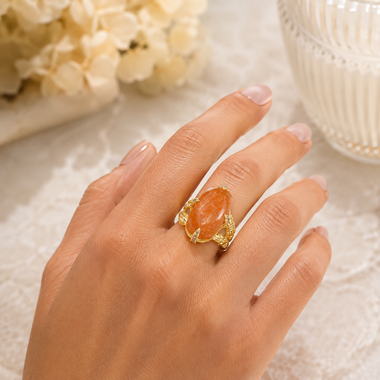 Rutilated Quartz Doublet Vintage Dinner Ring Sterling Silver Gold Plated for Ladies