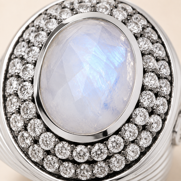 Rainbow Moonstone Statement Cocktail Ring Sterling Silver Rhodium for Women