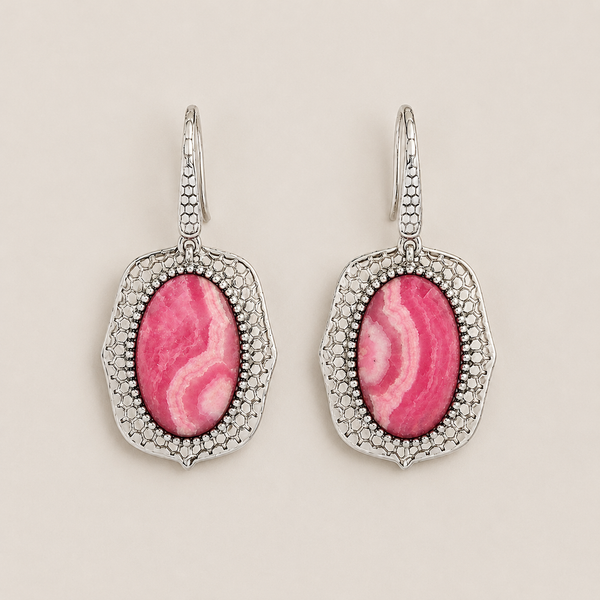 Rhodochrosite Sterling Silver Rhodium Gemstone Drop Earrings