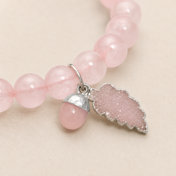 Rose Quartz Gemstone Beaded Stretch Bracelet with Sterling Silver Rhodium Charm