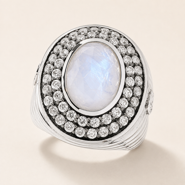 Rainbow Moonstone Statement Cocktail Ring Sterling Silver Rhodium for Women