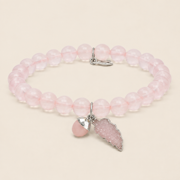 Rose Quartz Gemstone Beaded Stretch Bracelet with Sterling Silver Rhodium Charm