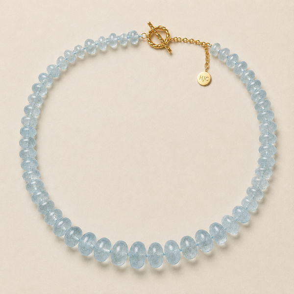 Blue Milky Aquamarine Bead Necklace in Sterling Silver 22k Gold Plated. 18"