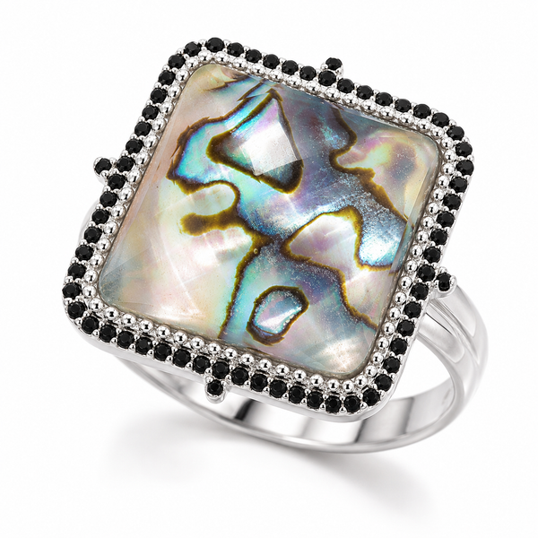 Abalone Doublet Large Gemstone Cocktail Ring Sterling Silver Rhodium