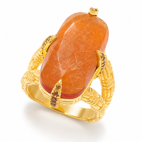 Rutilated Quartz Doublet Vintage Dinner Ring Sterling Silver Gold Plated for Ladies
