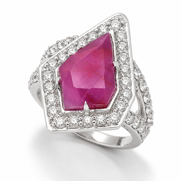 Pink Sapphire with Natural Zircon Sterling Silver Rhodium Ring