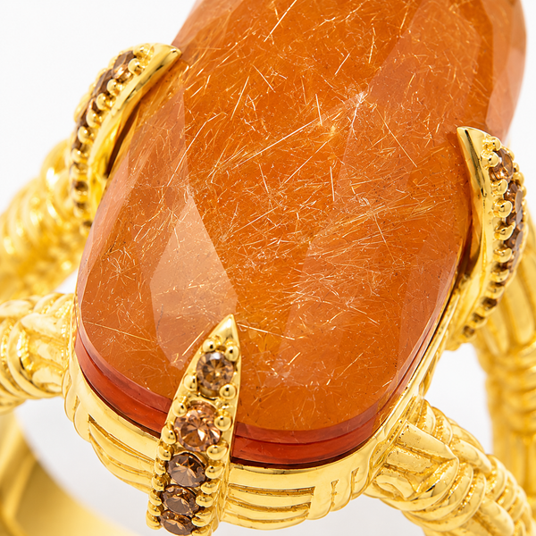 Rutilated Quartz Doublet Vintage Dinner Ring Sterling Silver Gold Plated for Ladies