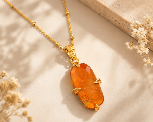 Golden Rutilated Quartz Doublet, Red Onyx, Champagne Zircon Sterling Silver Gold Plated Pendant