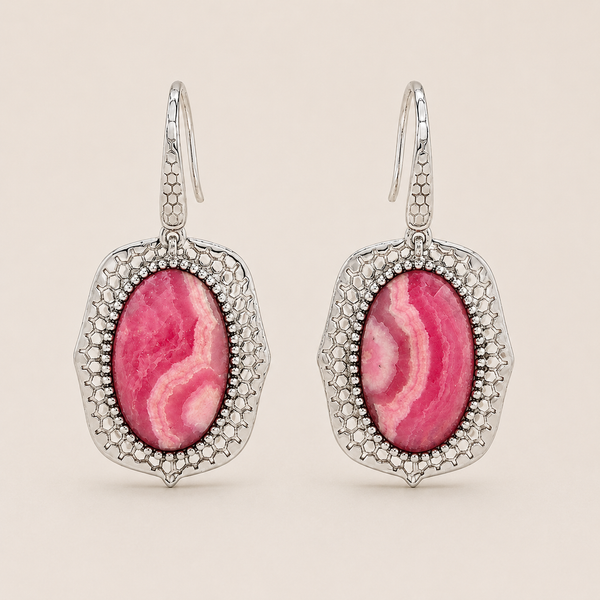 Rhodochrosite Sterling Silver Rhodium Gemstone Drop Earrings