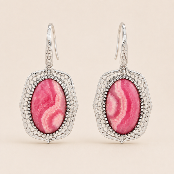 Rhodochrosite Sterling Silver Rhodium Gemstone Drop Earrings