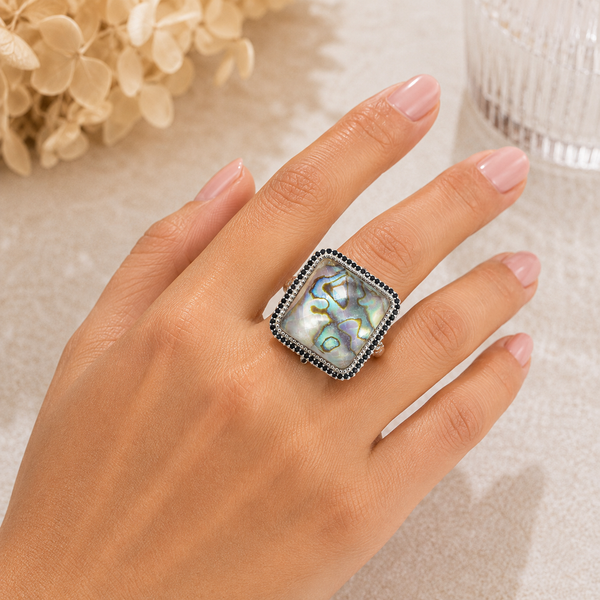 Abalone Doublet Large Gemstone Cocktail Ring Sterling Silver Rhodium