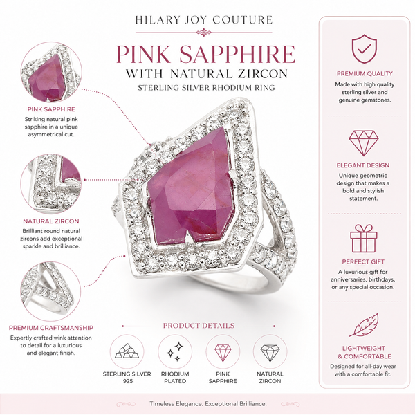 Pink Sapphire with Natural Zircon Sterling Silver Rhodium Ring