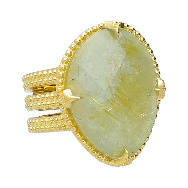 Golden Rutilated Quartz Doublet and Milky Aqua Sterling Silver Gold Plated Large Gemstone Statement Ring for Women, fashion cocktail ring