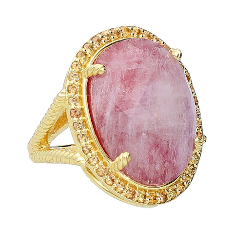 Rainbow Moonstone Doublet Ruby Dyed Corundum with Champagne Zircon Sterling Silver Gold Plated Large Gemstone Statement Ring, vintage style cocktail ring for women
