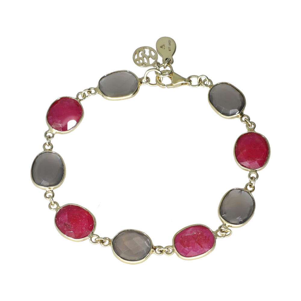 Ruby Corundum and Gray Moonstone Sterling Silver Gemstone Bracelet, jewelry gift for wife