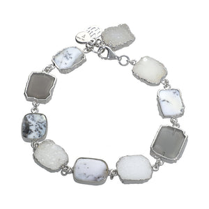 Dendrite Opal Gray Moonstone and White Druzy Sterling Silver Rhodium Bracelet
