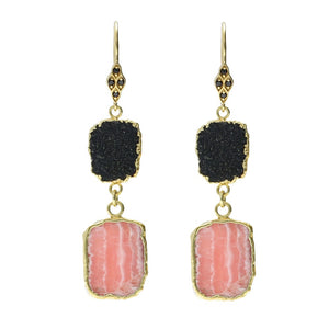 Black Druzy Rhodochrosite and Black Spinel Sterling Silver Gold Plated Earrings