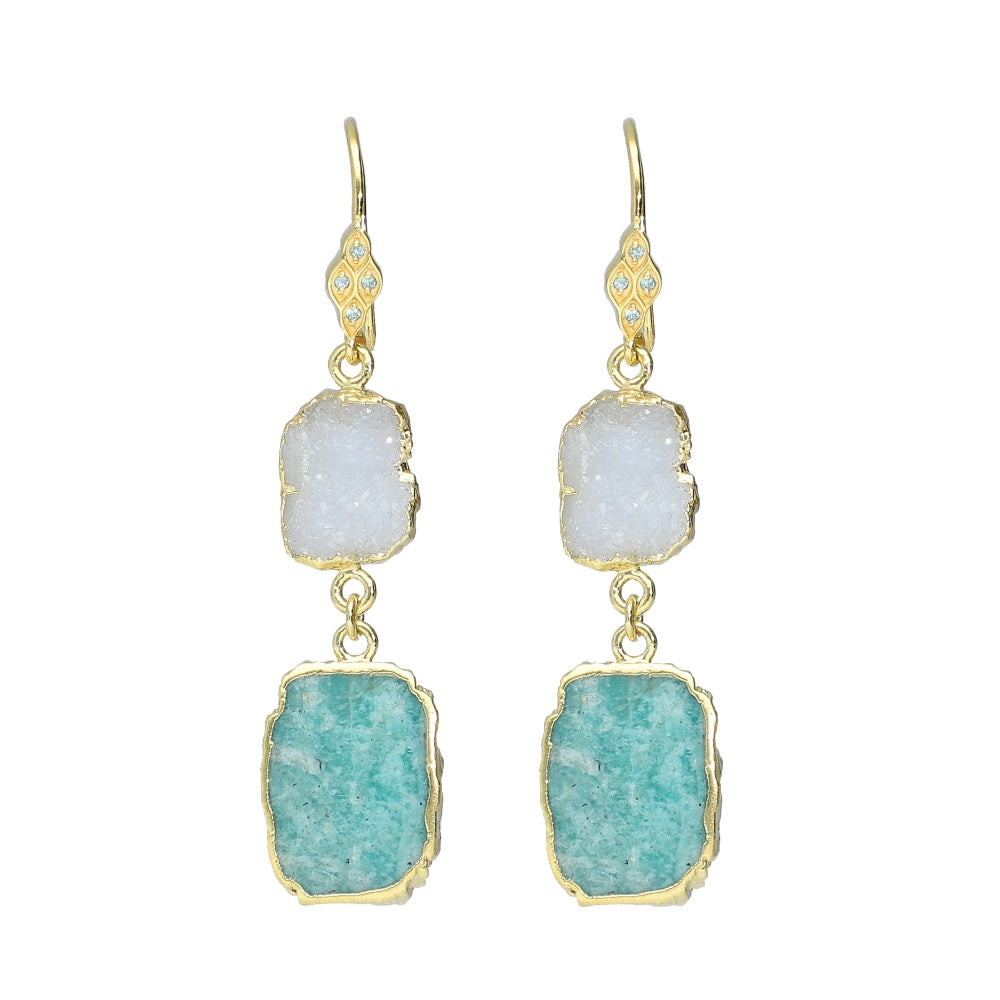 White Druzy Amazonite and Apatite Sterling Silver Gold Plated Earrings, double drop dangle earrings, natural gemstones
