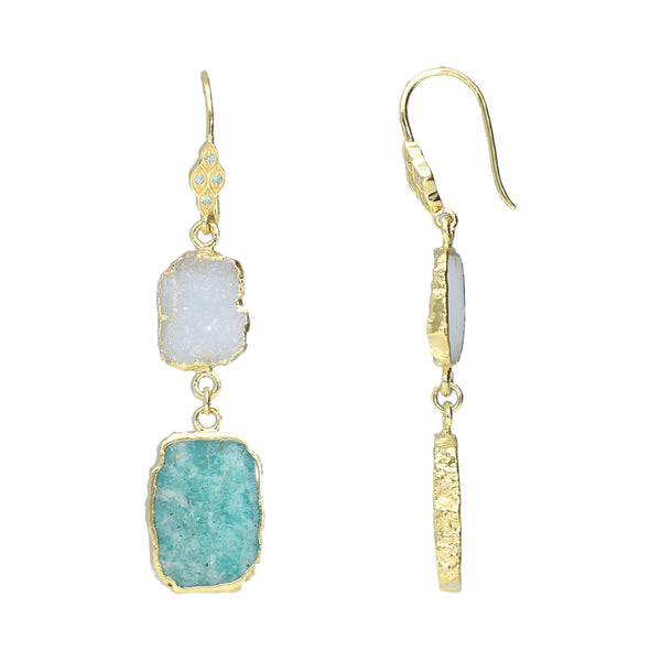 White Druzy Amazonite and Apatite Sterling Silver Gold Plated Earrings