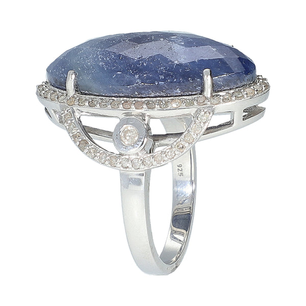 Blue Sapphire Statement Dinner Ring Sterling Silver Rhodium for Women