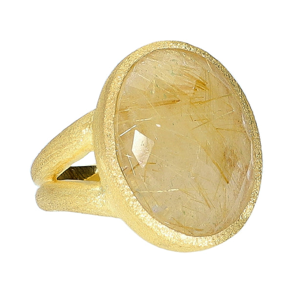Rutilated Quartz Sterling Sand Textured Sterling Silver Gold Plated Ring