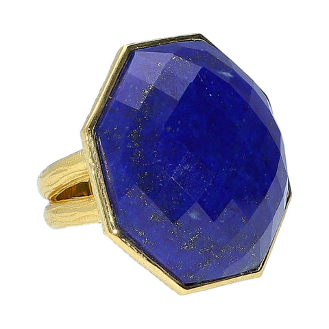 Hexagon Lapis Lazuli Sterling Silver Gold Plated Large Gemstone Cocktail Ring for women