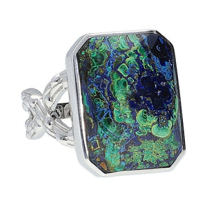 Malachite Azurite Sterling Silver Rhodium Large Gemstone Statement Ring for Women, cocktail ring, jewelry gift
