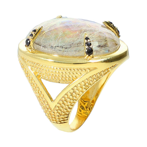 Rutilated Quartz Doublet Large Gemstone Cocktail Ring Sterling Silver Gold Plated for Women
