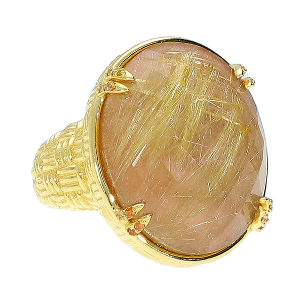 Rutilated Quartz Doublet Large Gemstone Cocktail Ring Sterling Silver Gold Plated for Ladies