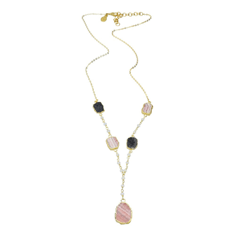 Rhodochrosite Black Druzy and Rainbow Moonstone Sterling Silver Gold Plated 20 Inch Necklace with 2 Inch Extender