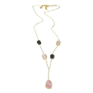 Rhodochrosite Black Druzy and Rainbow Moonstone Sterling Silver Gold Plated 20 Inch Long Gemstone Beaded Strand Pendent Necklace with 2 Inch Extender