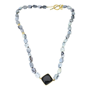 Dendrite Opal Long Beaded Pendant Necklace Sterling Silver Gold Plated, ladies long necklace