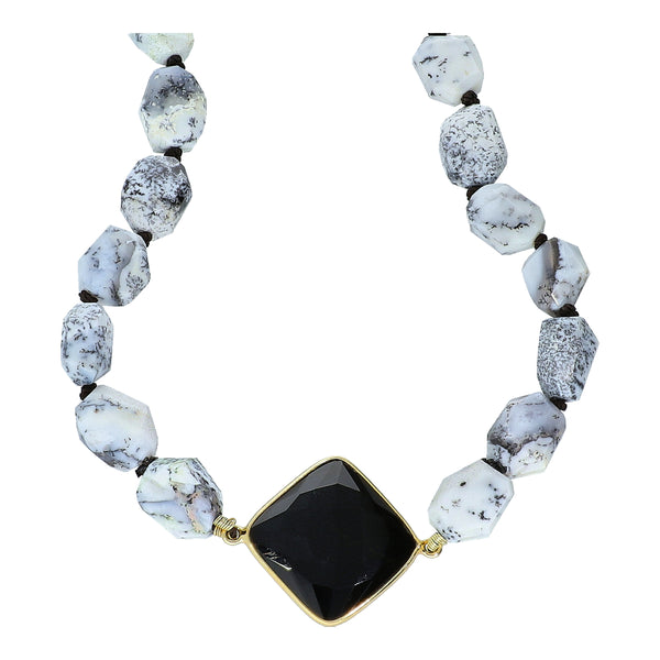 Dendrite Opal Black Onyx and Natural Zircon Sterling Silver Gold Plated 24 Inch Necklace