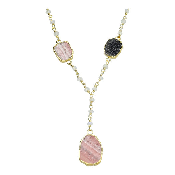 Multistone Long Gemstone Beaded Strand Pendent Necklace Sterling Silver Gold Plated with 2 Inch Extender