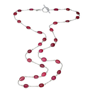 Dyed Ruby Corundum Extra Long Strand Vintage Style Silver Necklace, ladies long necklace