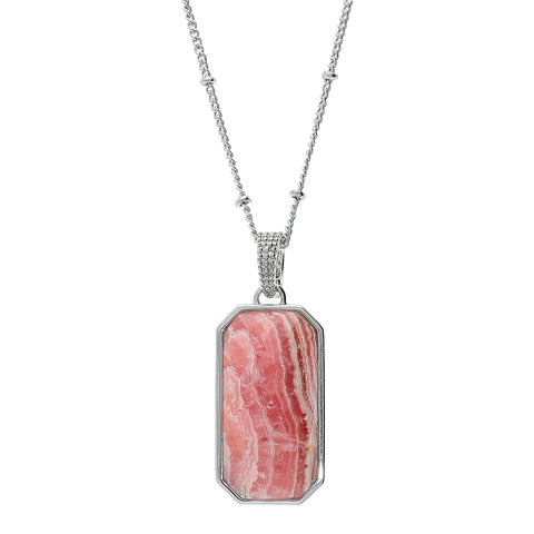 Rhodochrosite Gemstone Long Pendant Necklace 18 Inch Chain Sterling Silver Rhodium with 2 Inch Extender enhancer, christmas jewelry gift for wife
