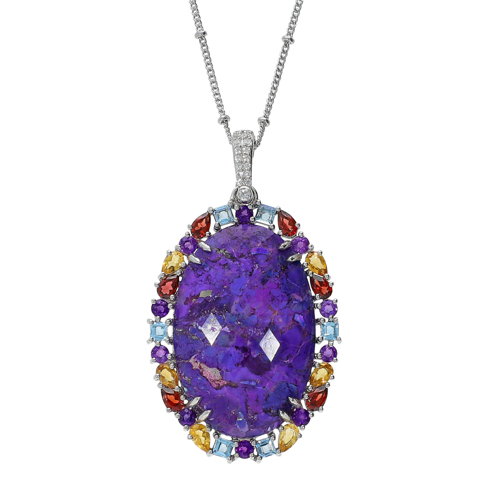 Purple Stabilized Turquoise and Multi Gemstone Sterling Silver Rhodium 30 Inch Satellite Chain enhancer Pendant