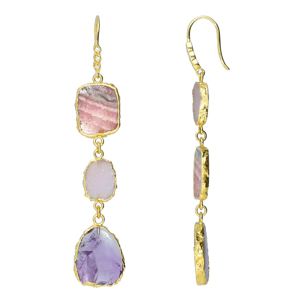 Rhodochrosite Pink Druzy Amethyst and Natural Zircon Sterling Silver Gold Plated Earrings