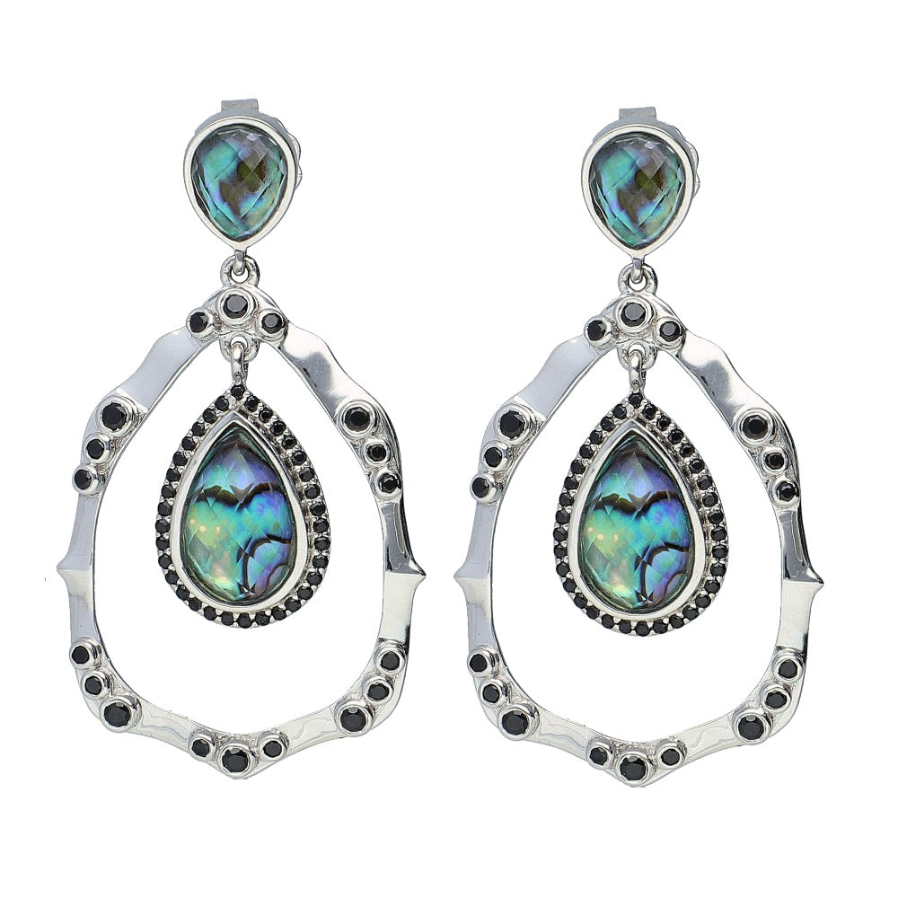 Crystal Quartz Doublet Abalone and Black Spinel Sterling Silver Rhodium Earrings