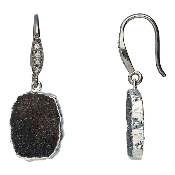 Black Druzy Gemstone Drop Earrings Sterling Silver Rhodium