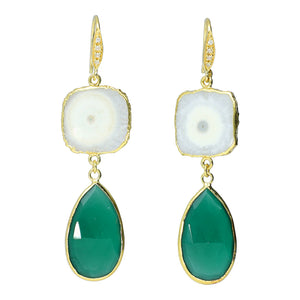 Solar Quartz Green Onyx and Natural Zircon Sterling Silver Gold Plated Double Drop Earrings, double drop earrings