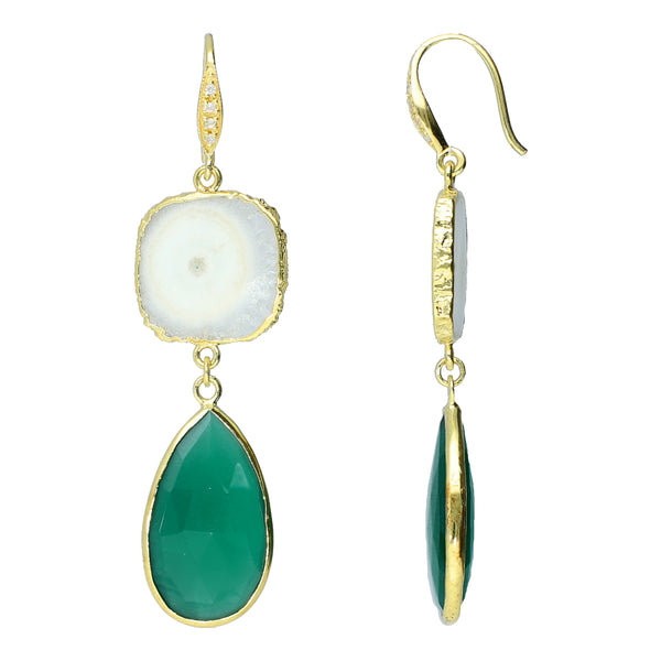 Solar Quartz and Green Onyx Double Drop Earrings Sterling Silver Gold Plated