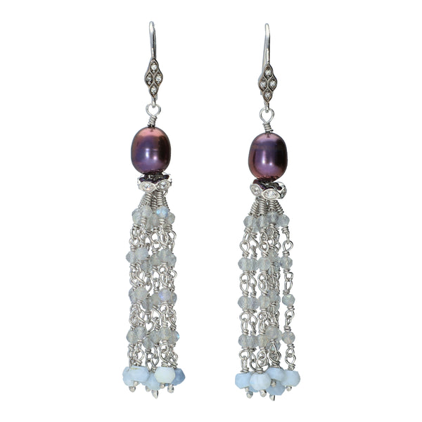 Multi Gemstone Tassel Dangle Earrings Sterling Silver Rhodium , dangling earrings