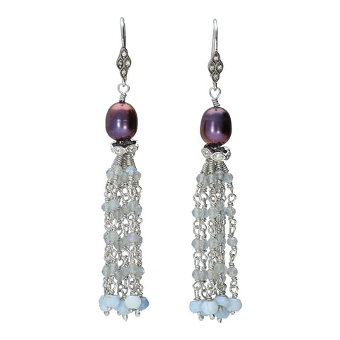 Multi Gemstone Tassel Dangle Earrings Sterling Silver Rhodium , dangling earrings
