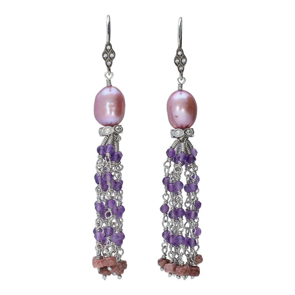 Gray Ruby in Zoisite Amethyst Lavender Pearl and Natural Zircon Sterling Silver Rhodium Tassel Dangle Earrings, boho earrings